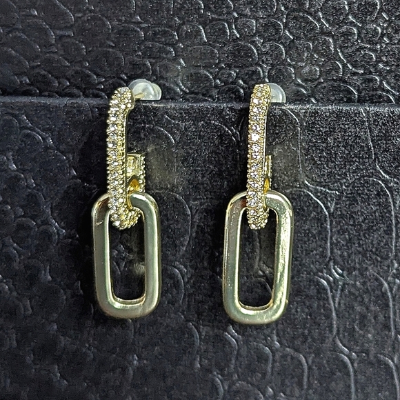 Gold Rhinestone Crystal Double Loop Drop Post Stud Earrings Quiet Luxury Preppy - Picture 2 of 6